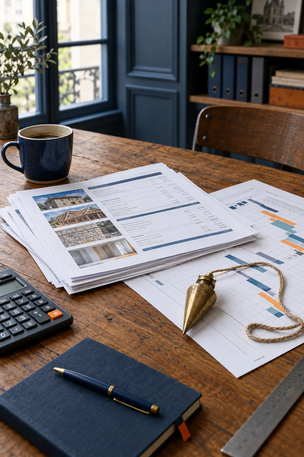 Devis, planning de chantier, calculatrice et fil à plomb posés sur une table en bois