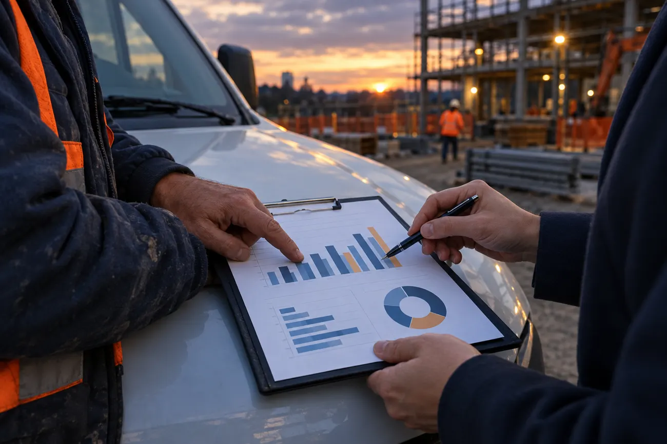 Un artisan et un consultant analysent un tableau de bord sur le capot d’une camionnette